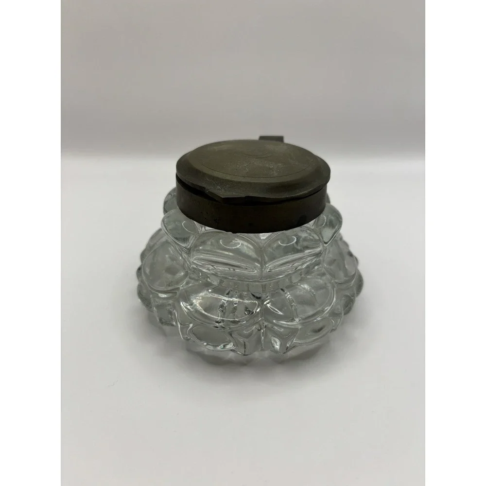 Vintage Antique Inkwell‎ Crystal Glass Brass Lid Old Money GrandpaCore
